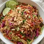 Vibrant Thai quinoa salad in a white bowl with fresh lime, peanuts, and colorful vegetables.