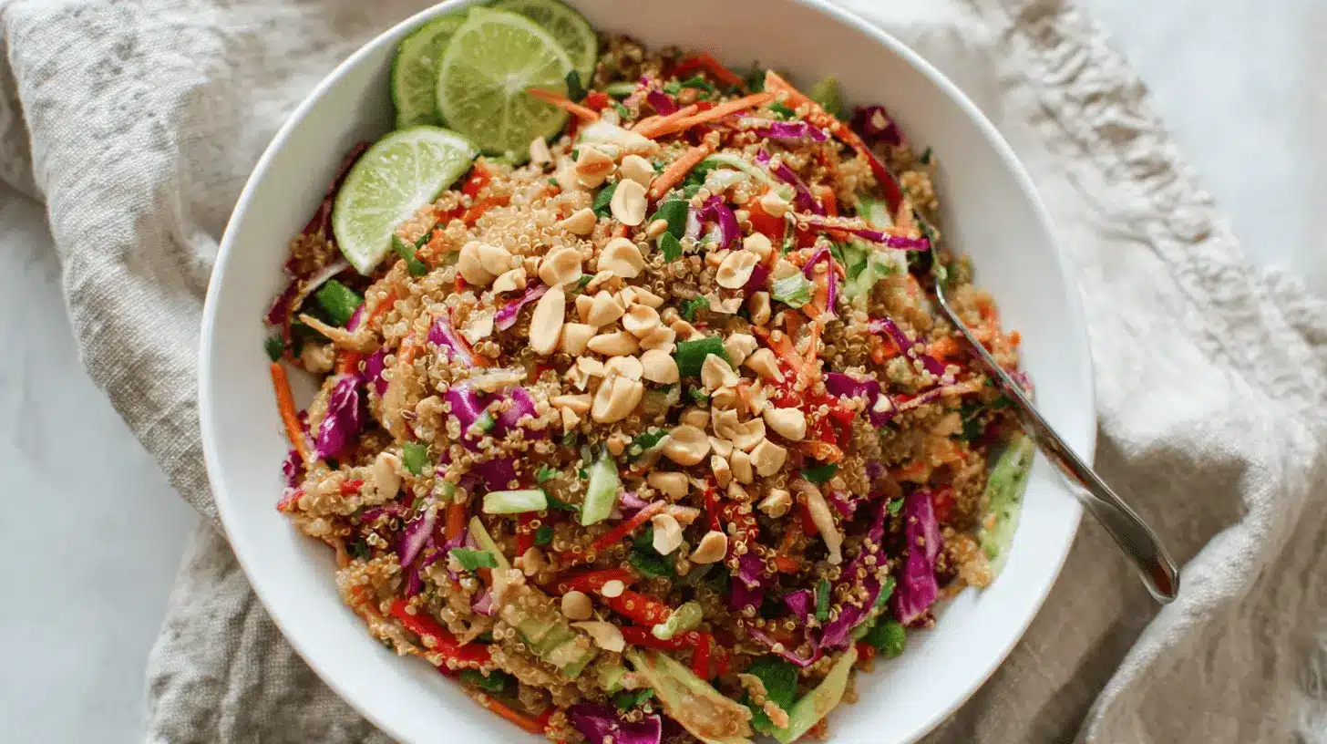 Vibrant Thai quinoa salad in a white bowl with fresh lime, peanuts, and colorful vegetables.