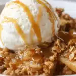 Close-up of a warm apple crisp recipe topped with melting vanilla ice cream and caramel sauce in a white bowl.