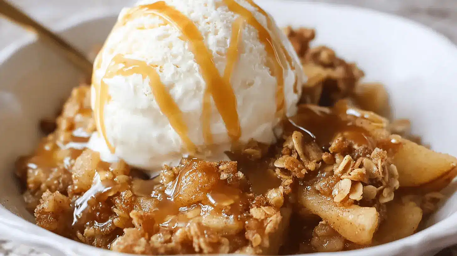 Classic Apple Crisp Recipe: An Old-Fashioned Fall Favorite 1 Close-up of a warm apple crisp recipe topped with melting vanilla ice cream and caramel sauce in a white bowl.