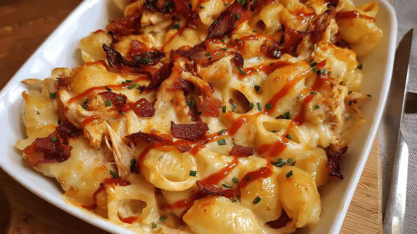 Ultimate BBQ Chicken Mac and Cheese 1 Close-up of baked bbq chicken mac and cheese with shell pasta, crispy bacon, and a BBQ sauce drizzle.