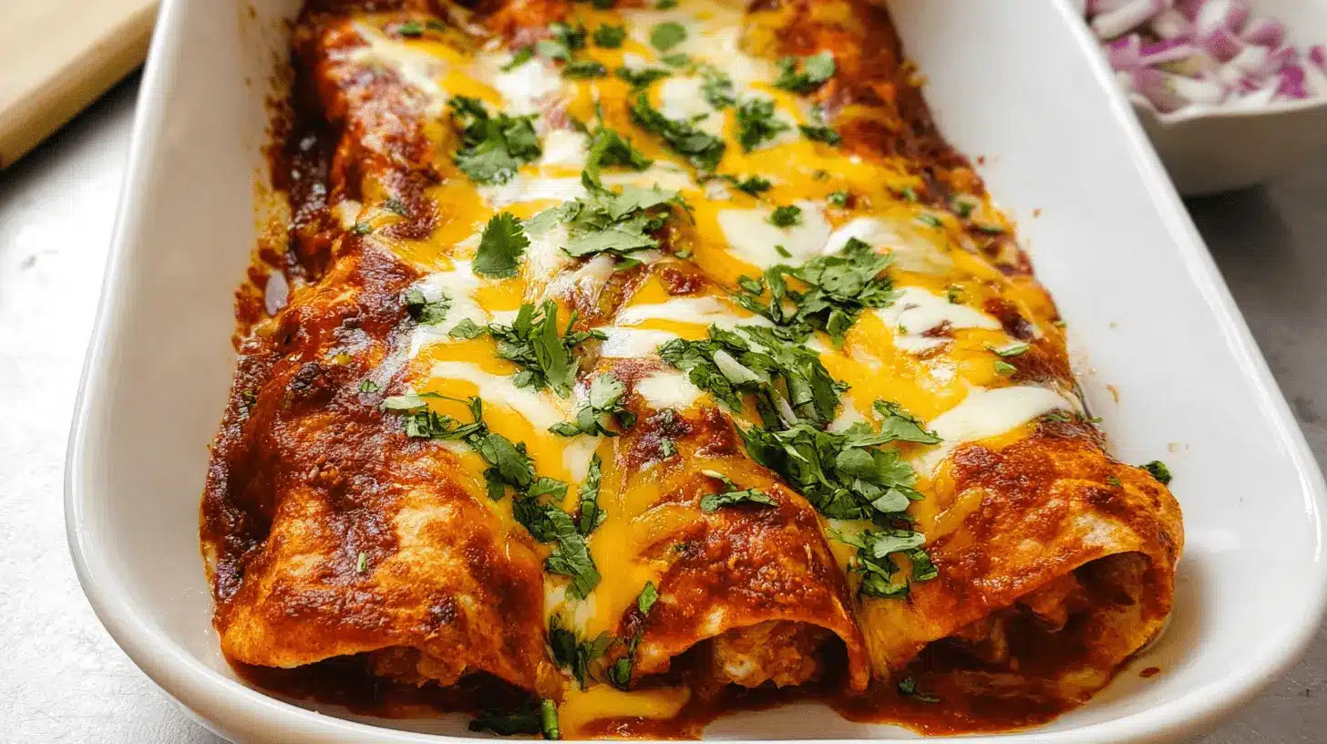 Mouth-watering beef enchiladas with red sauce, generously topped with melted cheese and fresh cilantro, served in a white baking dish.