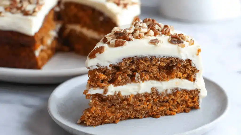 A delicious slice of multi-layered carrot cake with cream cheese frosting and chopped pecans on a plate, with a whole carrot cake in the blurred background.