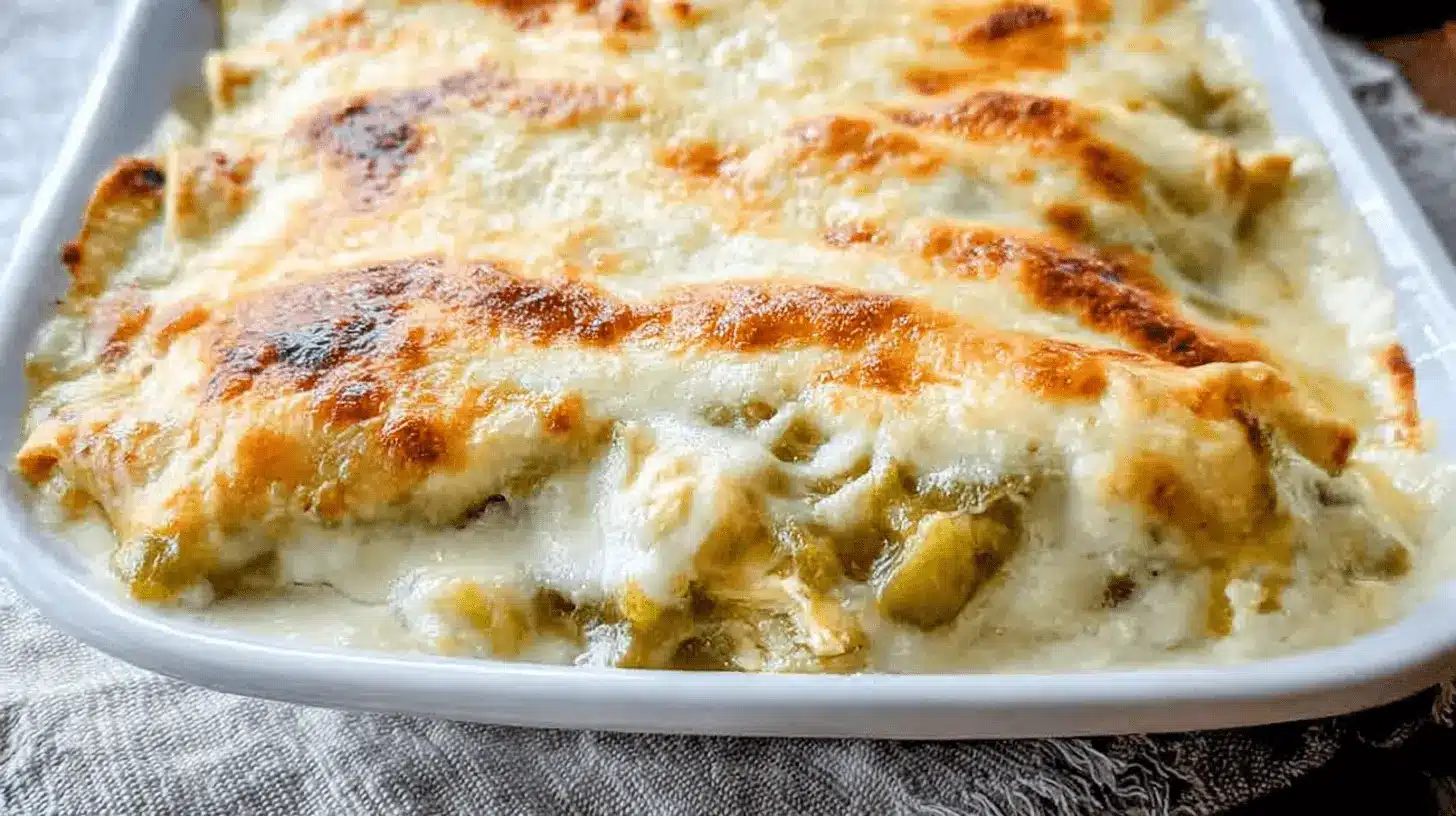 Creamy Chicken Enchiladas with White Sauce 1 Appetizing close-up of golden-baked chicken enchiladas with white sauce in a ceramic dish.