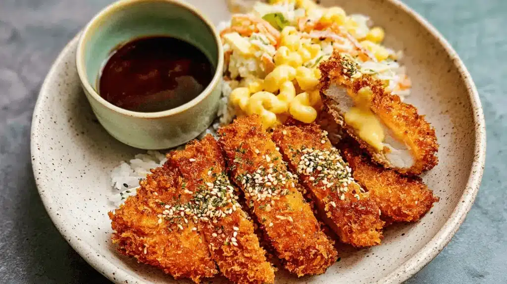 Crispy chicken katsu recipe with creamy cheese filling, served with rice and macaroni salad.