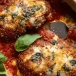Rustic baking dish featuring two golden-brown portions of a delicious chicken parmesan recipe, fresh from the oven with melted cheese and rich tomato sauce.