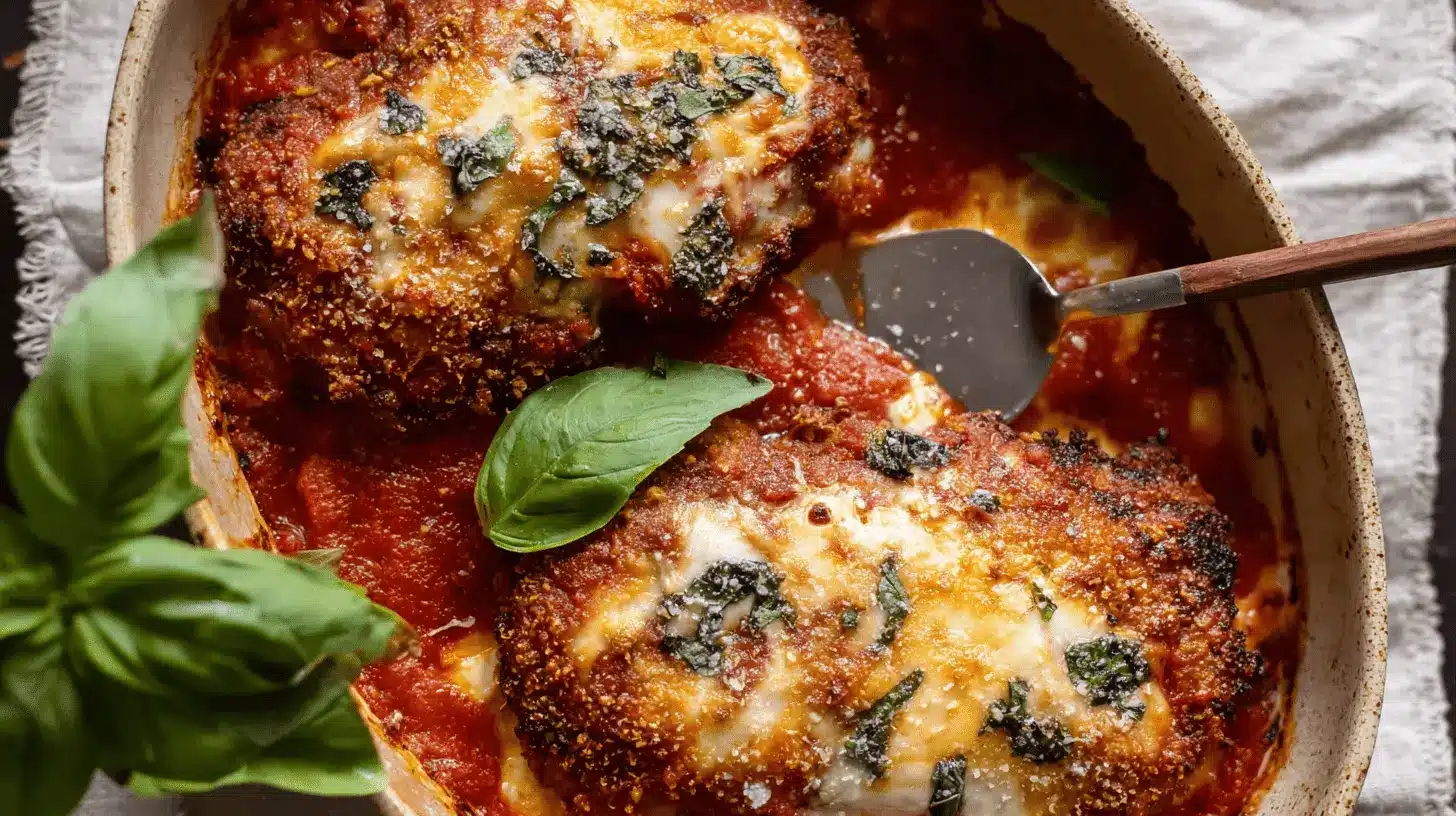 Rustic baking dish featuring two golden-brown portions of a delicious chicken parmesan recipe, fresh from the oven with melted cheese and rich tomato sauce.