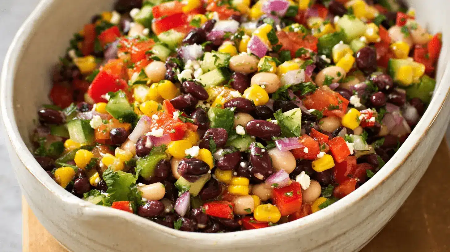 Vibrant cowboy caviar recipe salad in a rustic ceramic bowl, featuring black beans, corn, tomatoes, and feta.
