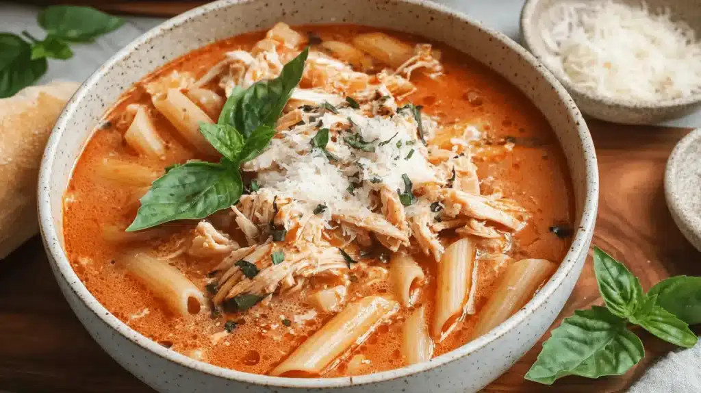 Rustic bowl of creamy crockpot chicken parmesan soup with penne, shredded chicken, cheese, and fresh basil.