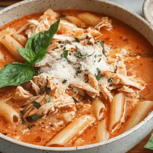 Hearty Crockpot Chicken Parmesan Soup 2 Rustic bowl of creamy crockpot chicken parmesan soup with penne, shredded chicken, cheese, and fresh basil.