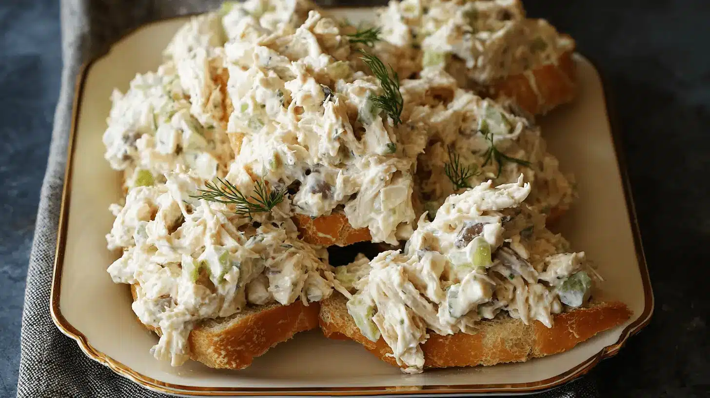 Tangy Dill Pickle Chicken Salad: A Creamy, Crunchy Delight 1 Appetizing creamy chicken salad with fresh dill garnish on toasted baguette, perfect for a dill pickle chicken salad recipe.