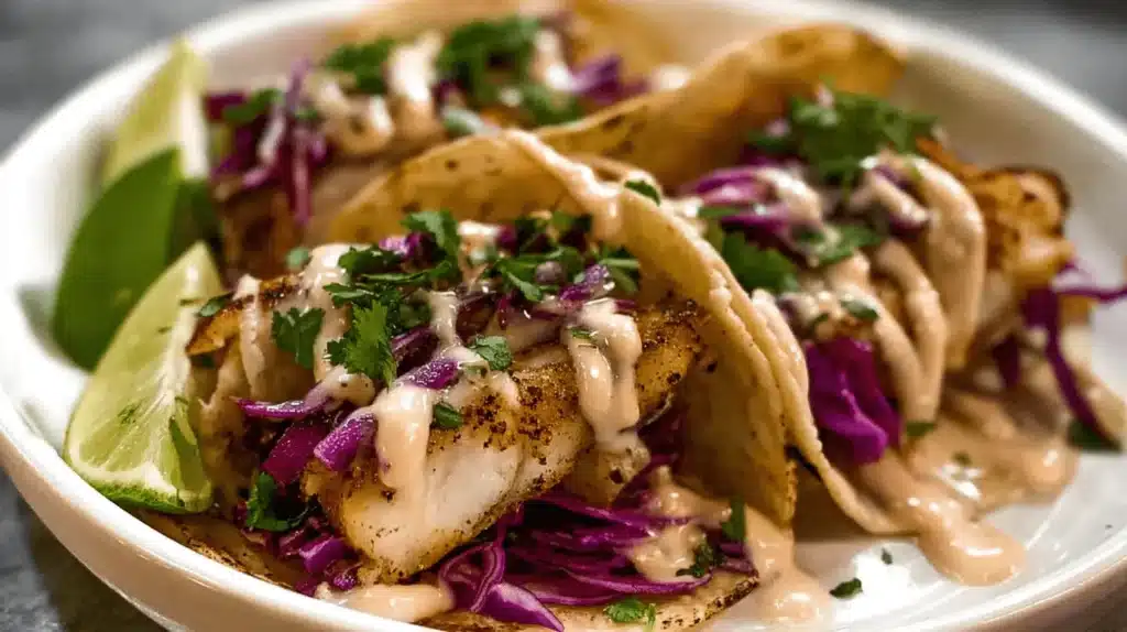 Close-up of a delicious fish tacos recipe with flaky fish, purple cabbage, cilantro, and creamy sauce, garnished with lime wedges on a white plate.
