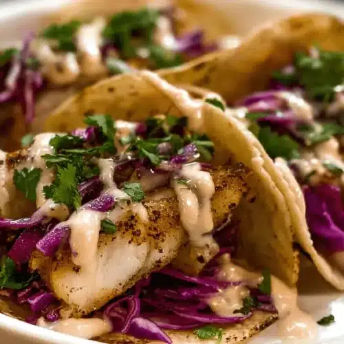 Easy & Delicious Fish Tacos Recipe (Not Fried!) 2 Close-up of a delicious fish tacos recipe with flaky fish, purple cabbage, cilantro, and creamy sauce, garnished with lime wedges on a white plate.