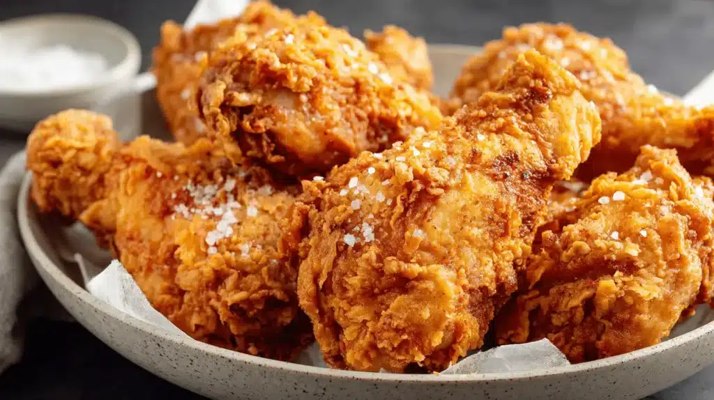 Close-up of golden-brown, crispy fried chicken drumsticks and thighs in a rustic bowl, perfect for your next fried chicken recipe.