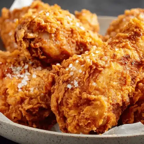 The Best Crispy Fried Chicken Recipe 2 Close-up of golden-brown, crispy fried chicken drumsticks and thighs in a rustic bowl, perfect for your next fried chicken recipe.