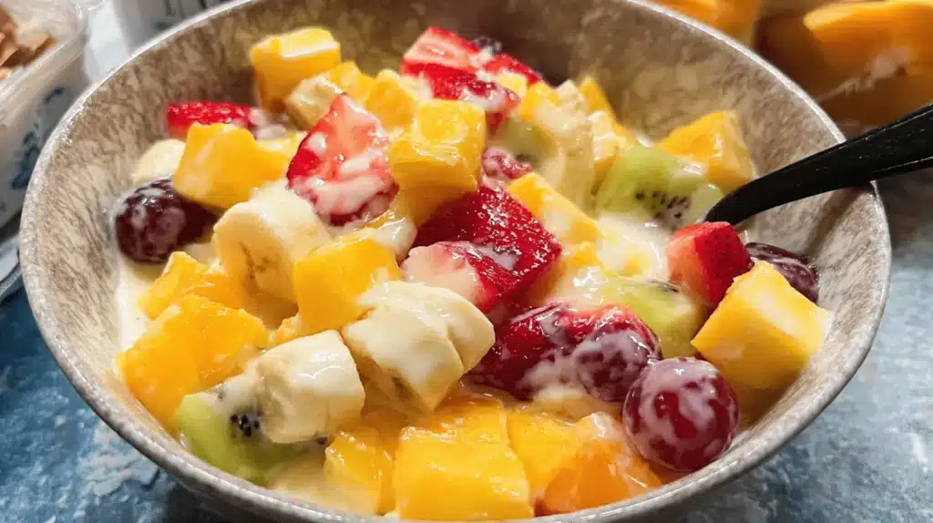 Vibrant fruit salad with vanilla pudding dressing in a decorative bowl, featuring strawberries, bananas, kiwi, and mango.