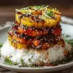 A beautifully arranged hawaiian huli huli chicken stack featuring golden grilled pineapple rings, fluffy white rice, and a rich, glossy sauce, garnished with sesame seeds and fresh herbs.