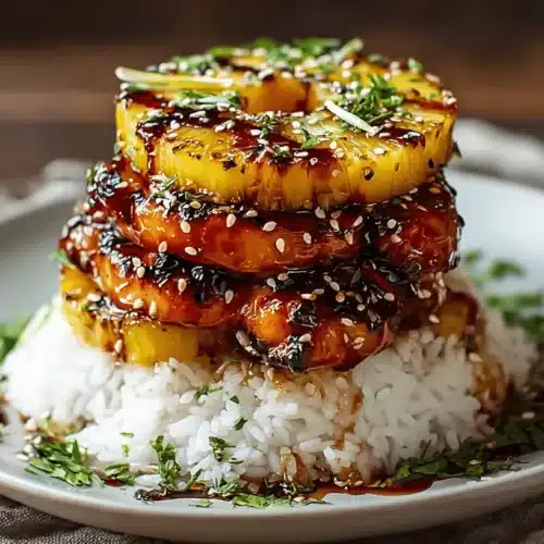 A beautifully arranged hawaiian huli huli chicken stack featuring golden grilled pineapple rings, fluffy white rice, and a rich, glossy sauce, garnished with sesame seeds and fresh herbs.