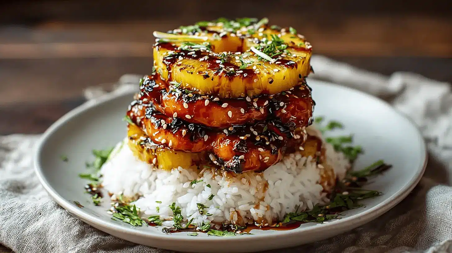 A beautifully arranged hawaiian huli huli chicken stack featuring golden grilled pineapple rings, fluffy white rice, and a rich, glossy sauce, garnished with sesame seeds and fresh herbs.
