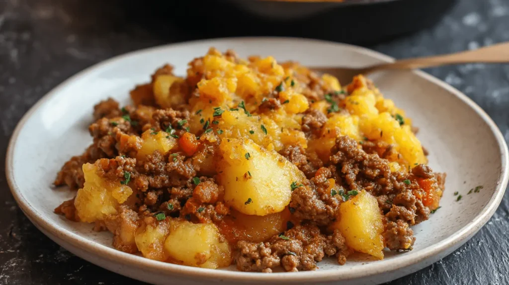Close-up of a hearty hobo casserole ground beef dish with golden potatoes and a rich sauce, garnished with fresh herbs.