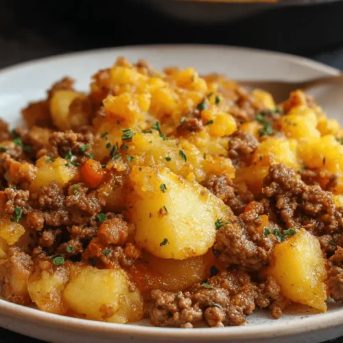Close-up of a hearty hobo casserole ground beef dish with golden potatoes and a rich sauce, garnished with fresh herbs.