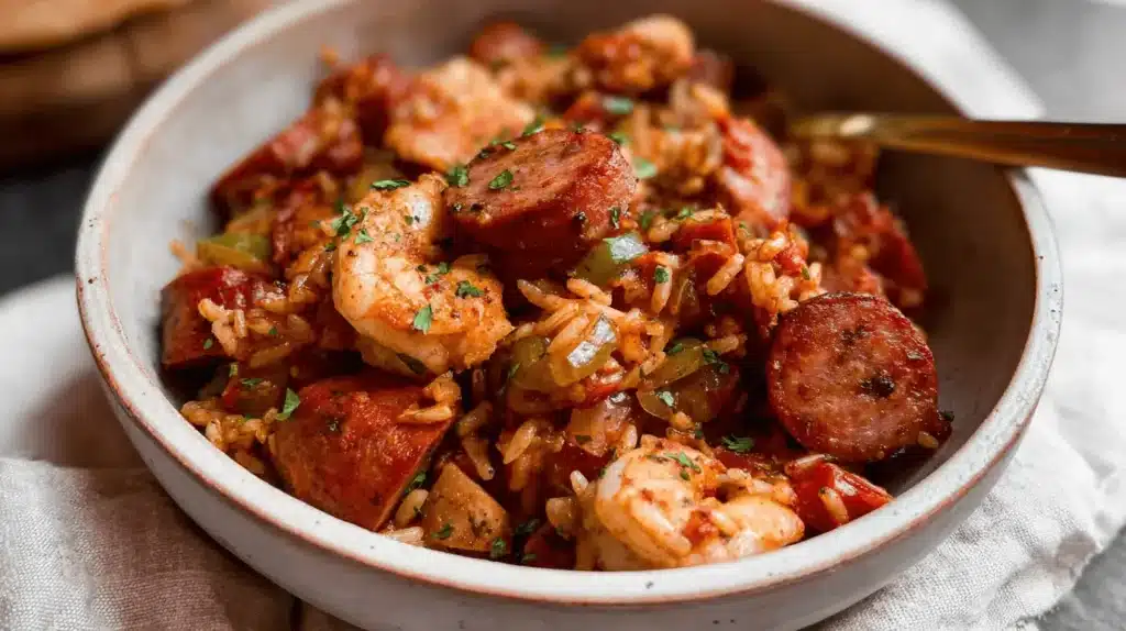 Close-up of a rustic bowl of jambalaya with shrimp, sausage, and bell peppers.