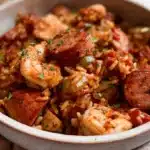 Close-up of a rustic bowl of jambalaya with shrimp, sausage, and bell peppers.