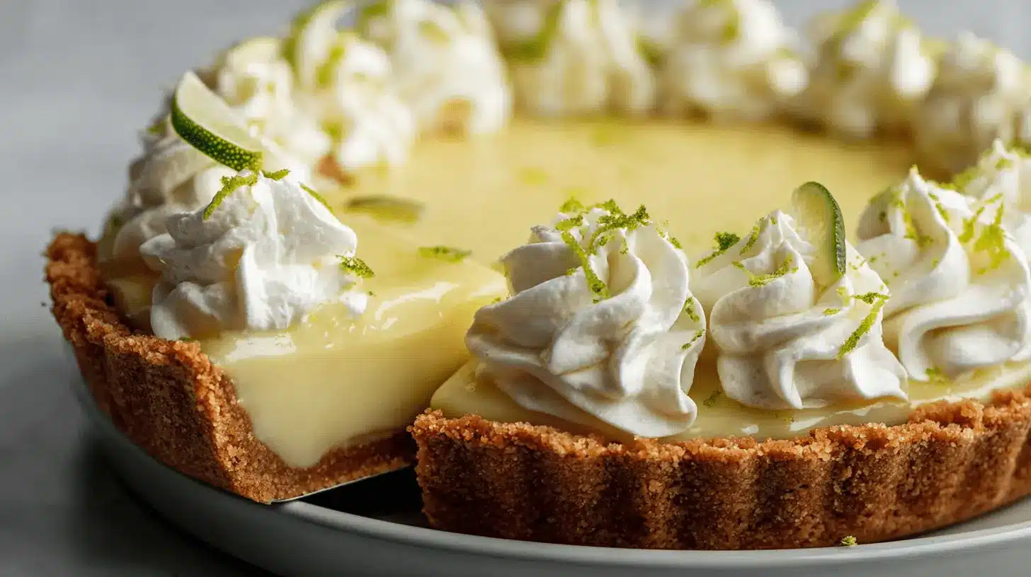 The Best Key Lime Pie with Nutty Macadamia Crust 1 A close-up shows a delicious key lime pie with a slice being served, revealing its creamy filling, graham cracker crust, and whipped cream topping.