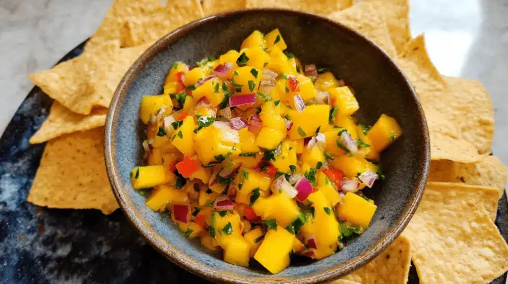 Vibrant bowl of fresh mango salsa surrounded by crispy tortilla chips.