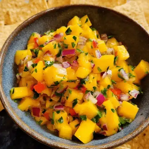Vibrant bowl of fresh mango salsa surrounded by crispy tortilla chips.