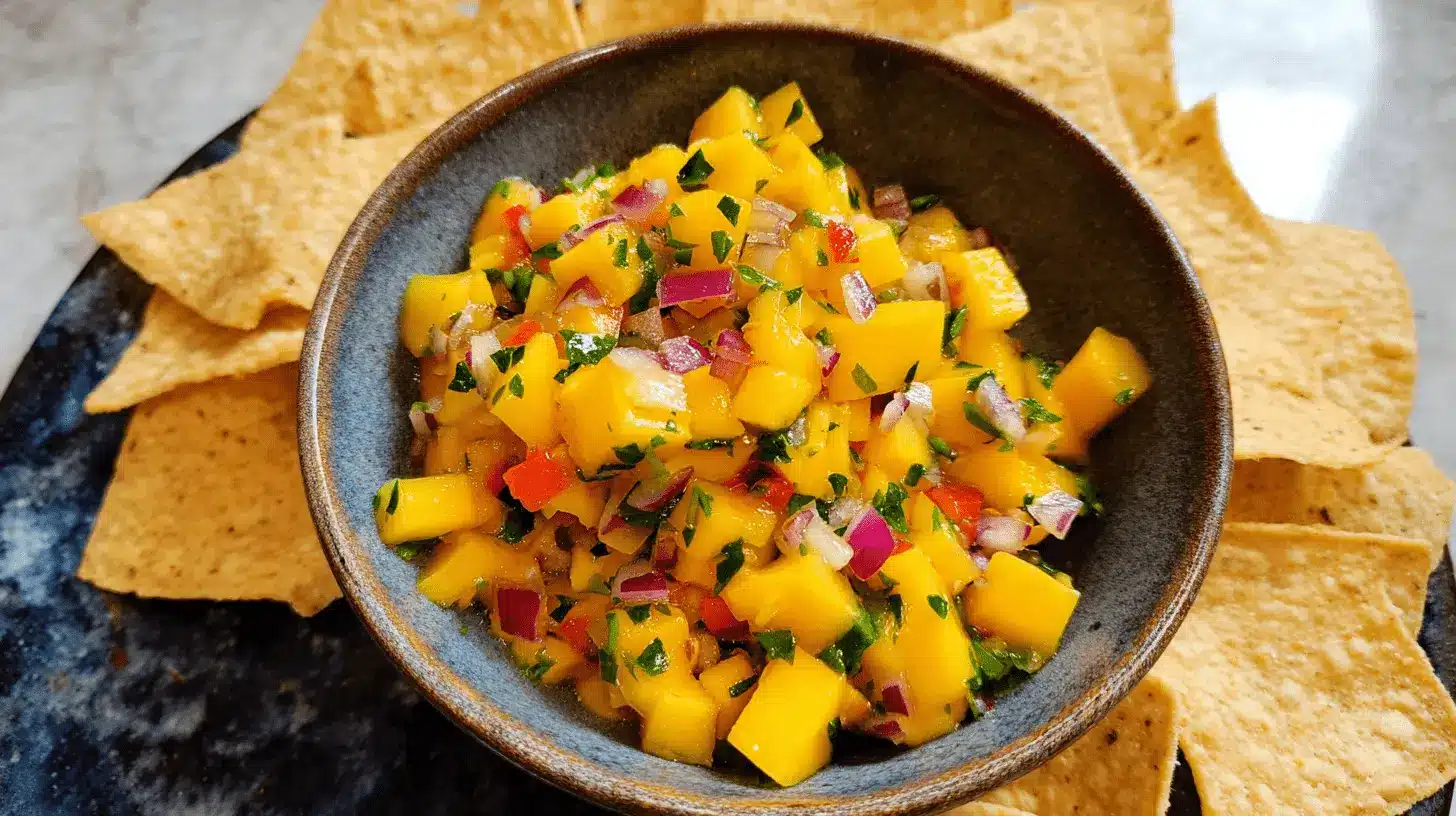 Vibrant bowl of fresh mango salsa surrounded by crispy tortilla chips.