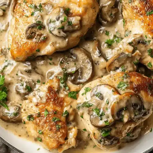 Creamy Mushroom Chicken 2 Close-up of golden-brown mushroom chicken in a creamy sauce with fresh herbs, served in a rustic white pan.