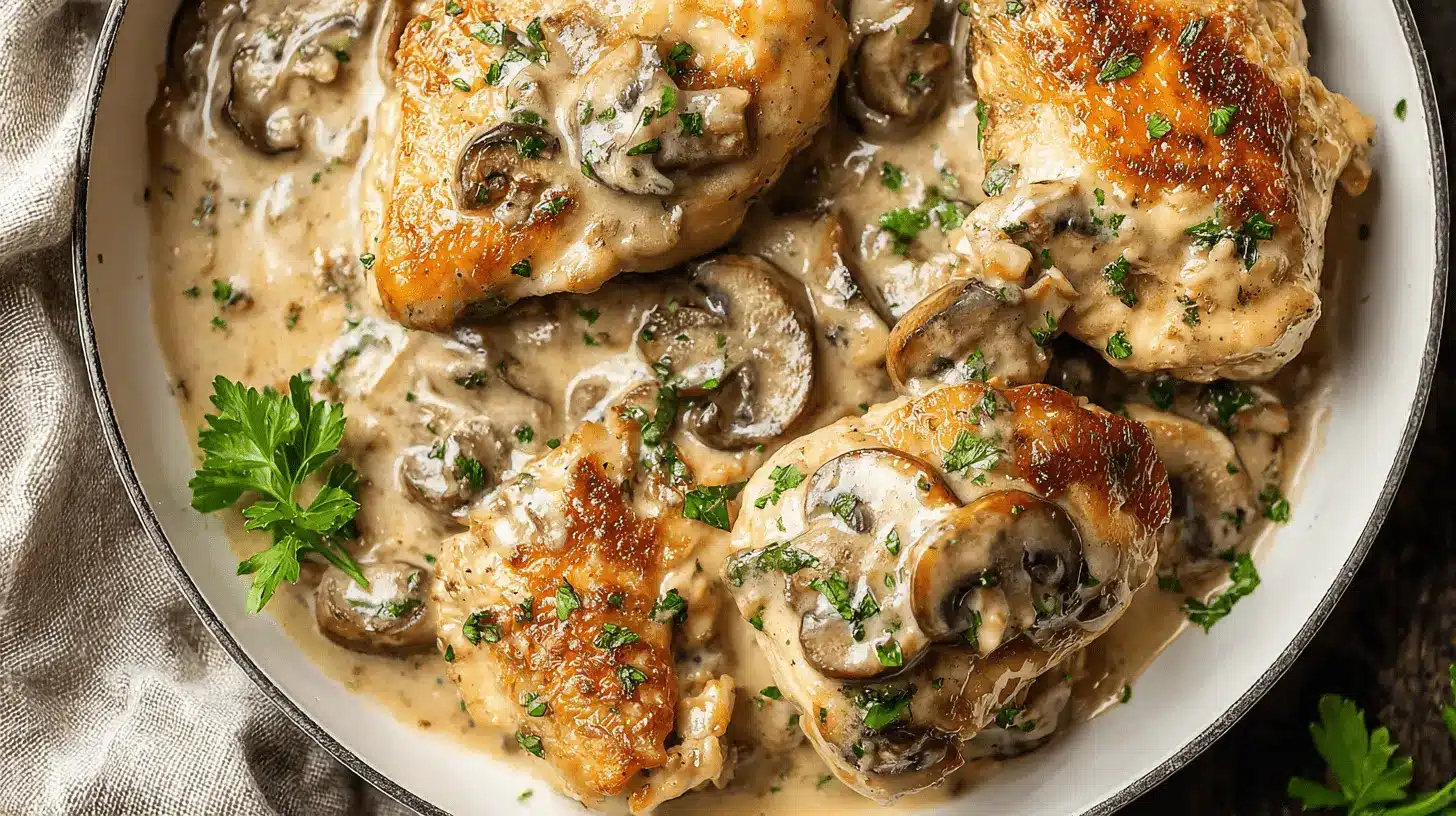 Creamy Mushroom Chicken 1 Close-up of golden-brown mushroom chicken in a creamy sauce with fresh herbs, served in a rustic white pan.