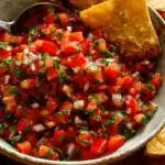A close-up of a vibrant bowl of fresh pico de gallo recipe, served with golden tortilla chips on a rustic wooden board.