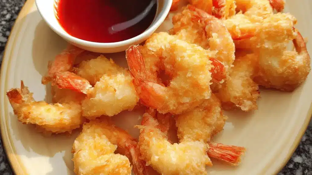 Crispy golden shrimp tempura served with a vibrant red dipping sauce.