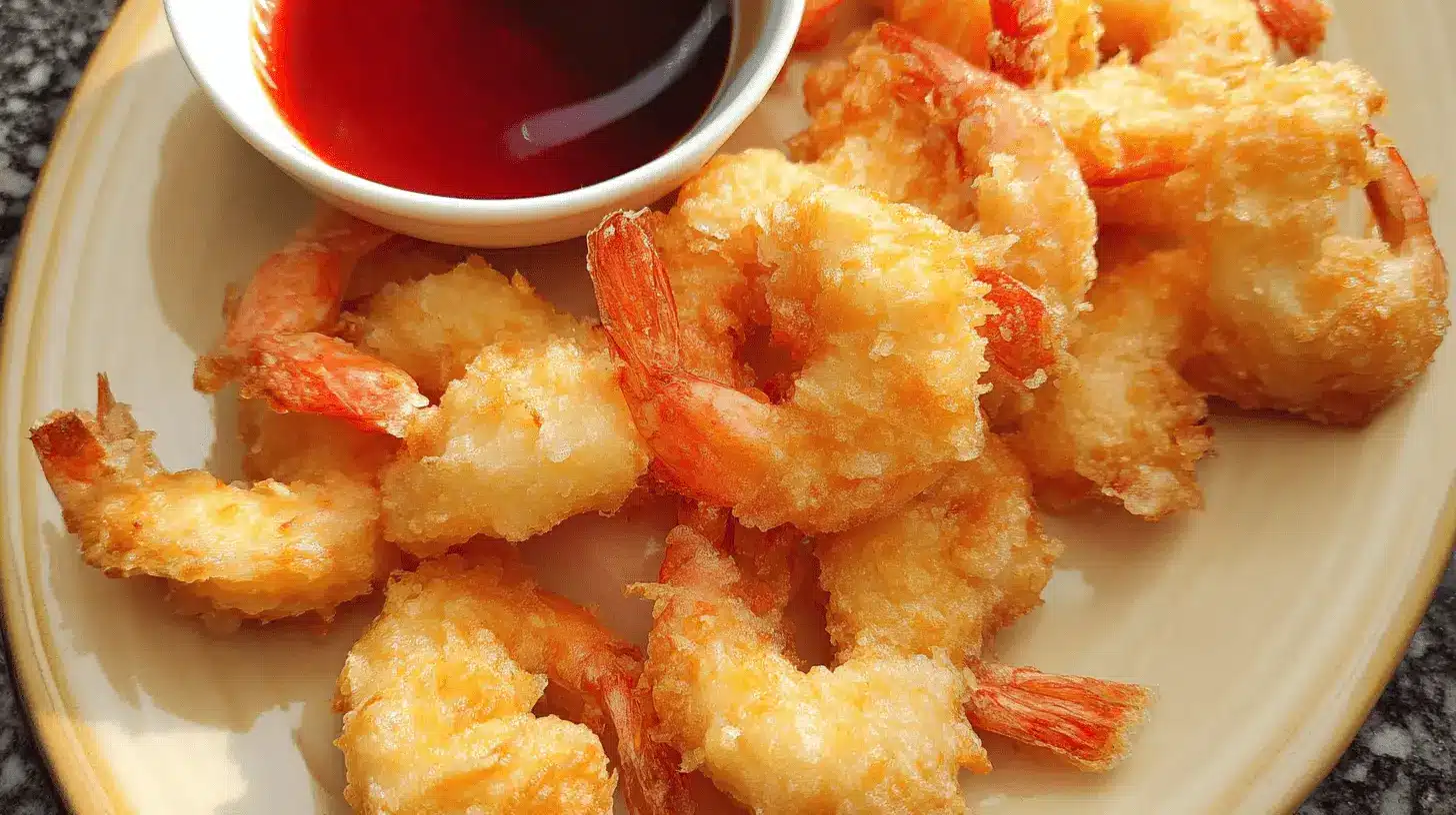 Crispy golden shrimp tempura served with a vibrant red dipping sauce.