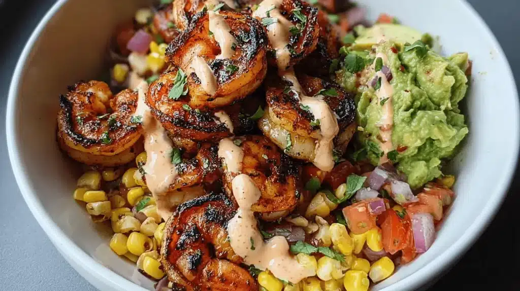 A vibrant Grilled Shrimp Bowl Recipe featuring plump, charred shrimp, fresh guacamole, corn, pico de gallo, and a creamy sauce in a white ceramic bowl.
