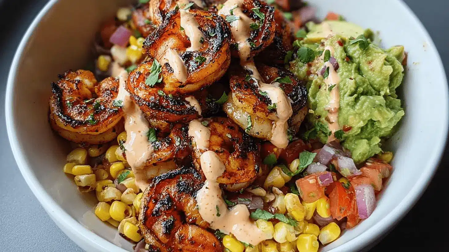 A vibrant Grilled Shrimp Bowl Recipe featuring plump, charred shrimp, fresh guacamole, corn, pico de gallo, and a creamy sauce in a white ceramic bowl.