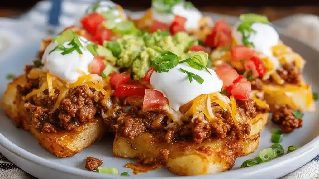 A vibrant close-up of crispy golden potato wedges loaded with seasoned ground meat, melted cheese, sour cream, diced tomatoes, guacamole, and fresh green onions, known as Taco Potatoes.