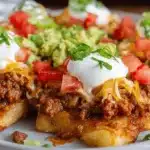 A vibrant close-up of crispy golden potato wedges loaded with seasoned ground meat, melted cheese, sour cream, diced tomatoes, guacamole, and fresh green onions, known as Taco Potatoes.