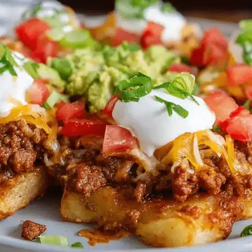 Taco Potatoes 2 A vibrant close-up of crispy golden potato wedges loaded with seasoned ground meat, melted cheese, sour cream, diced tomatoes, guacamole, and fresh green onions, known as Taco Potatoes.