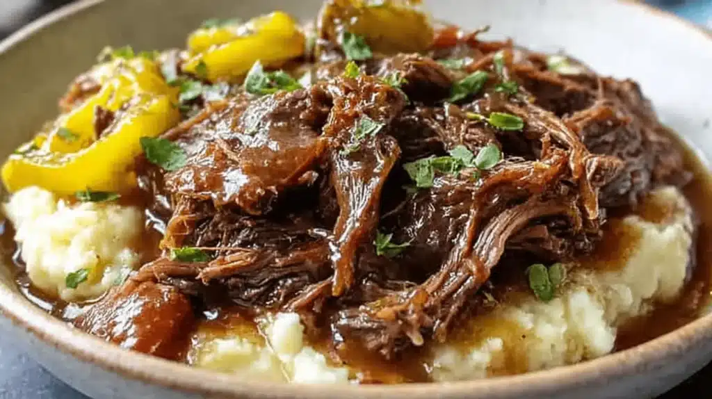 Delicious, tender Mississippi pot roast recipe served over creamy mashed potatoes with yellow peppers and fresh herbs in a rustic bowl.
