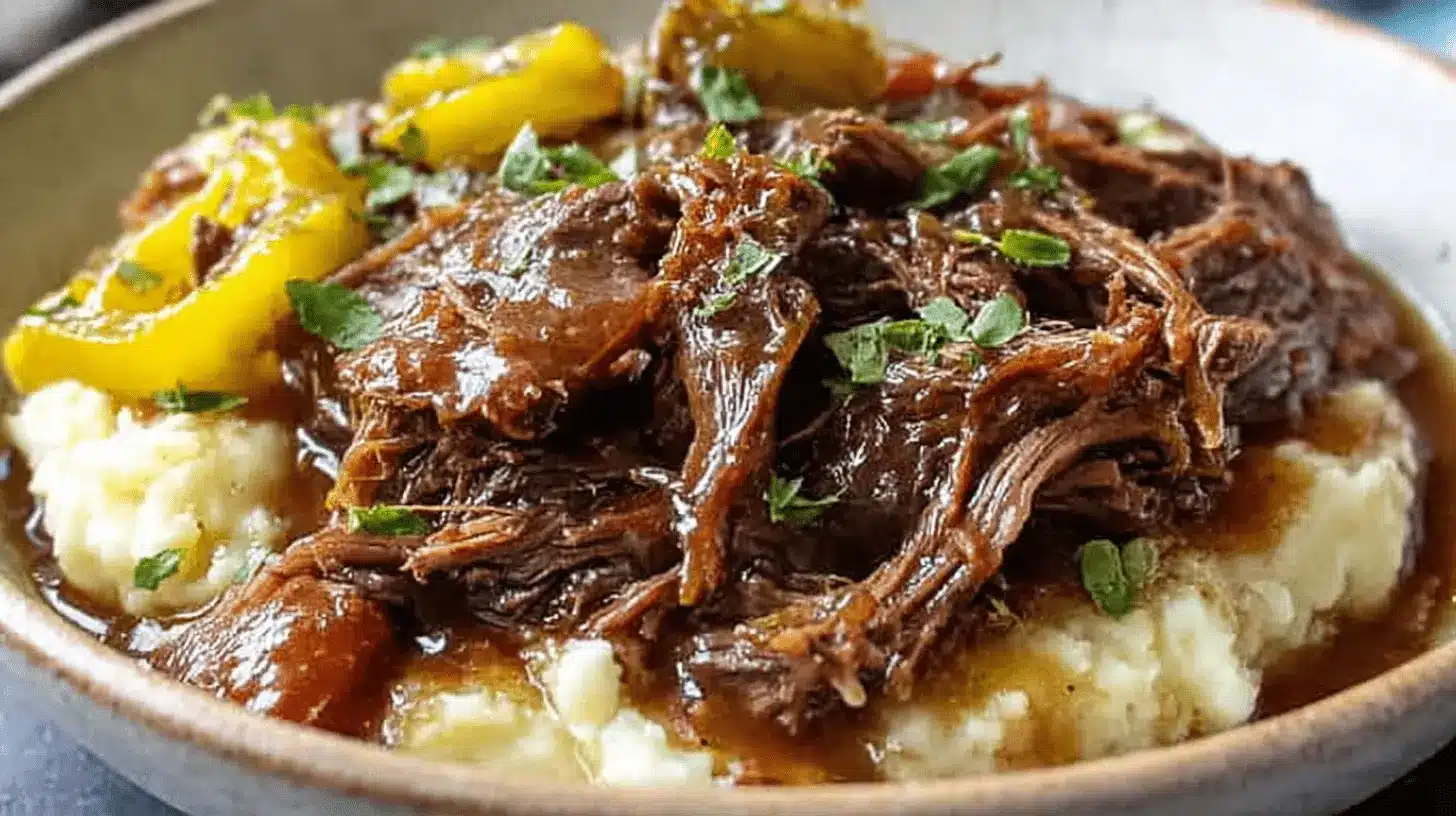 Delicious, tender Mississippi pot roast recipe served over creamy mashed potatoes with yellow peppers and fresh herbs in a rustic bowl.