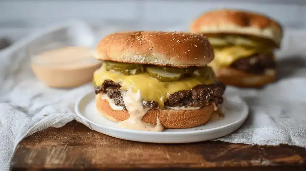 Close-up of a delicious double smash burger with melted cheese and pickles, perfect for a smash burger recipe.