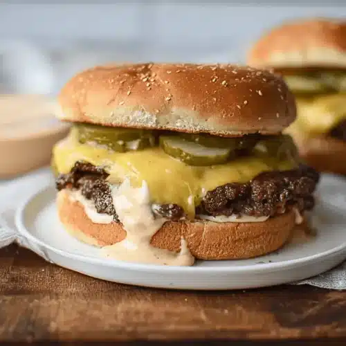 Ultimate Crispy Smash Burger Recipe 2 Close-up of a delicious double smash burger with melted cheese and pickles, perfect for a smash burger recipe.