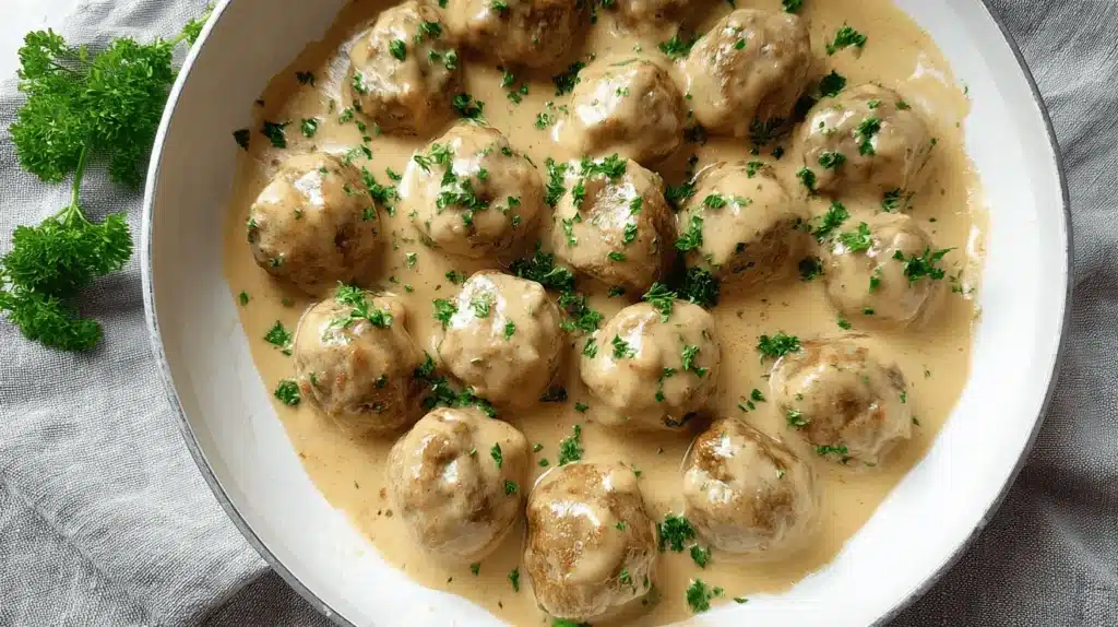 An overhead view of a pan brimming with creamy Swedish meatballs, garnished with fresh parsley, perfect for a classic Swedish meatballs recipe.