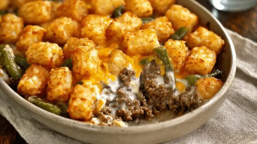 Hearty tater tot casserole with ground beef, golden tots, green beans, and melted cheese in a rustic baking dish.