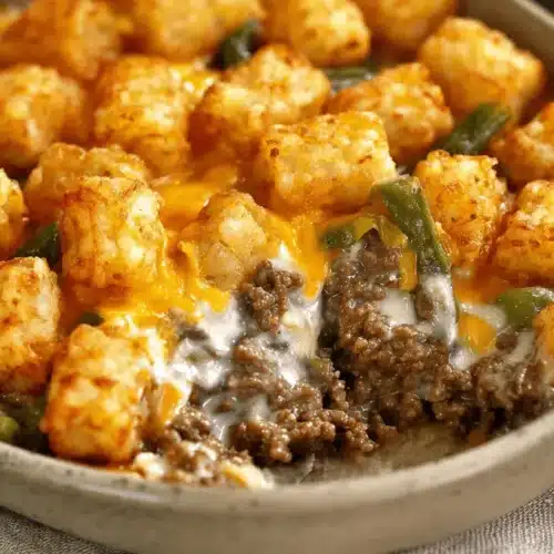 Easy Tater Tot Casserole with Ground Beef 2 Hearty tater tot casserole with ground beef, golden tots, green beans, and melted cheese in a rustic baking dish.