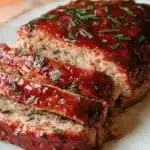 Appetizing close-up of freshly baked and sliced turkey meatloaf with a glossy glaze and herb garnish on a rustic plate.