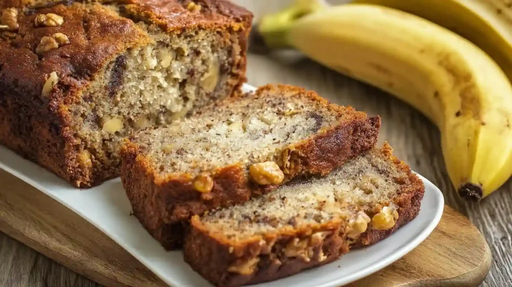Delicious slices of moist banana bread with walnuts and ripe bananas on a wooden surface.